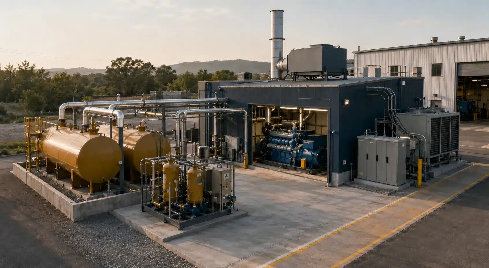 Modern HFO power plant with engine hall, fuel tanks, treatment skids and electrical systems.