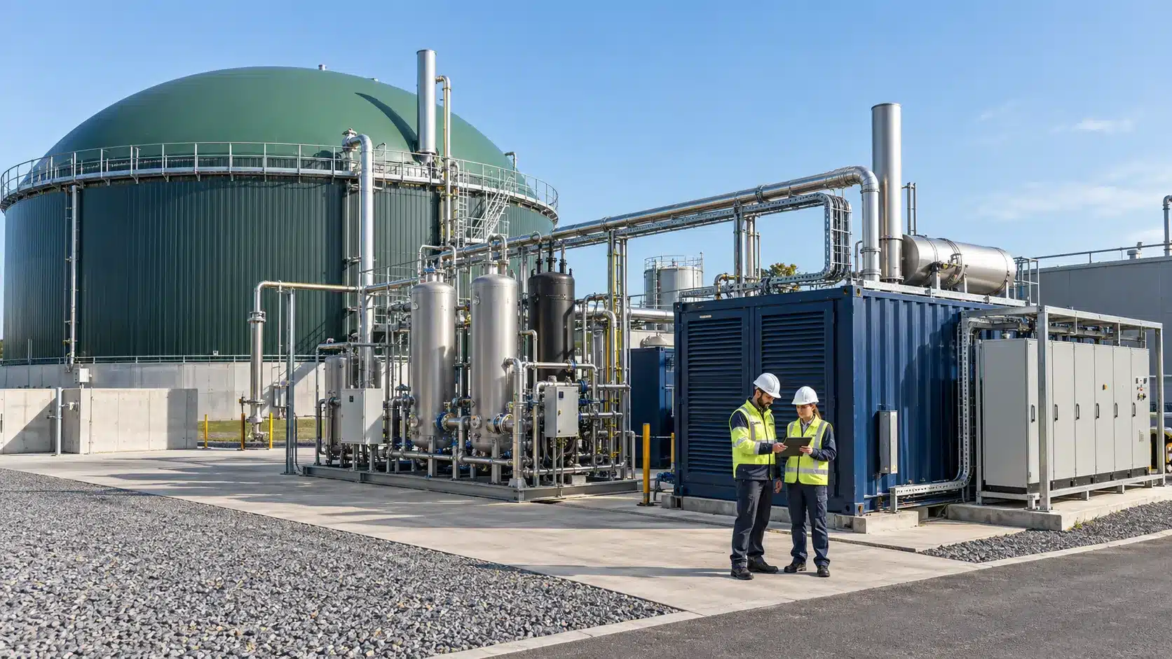 Industrial biogas power plant showing a digester, gas-treatment skid, generator set, controls, and electrical switchgear.