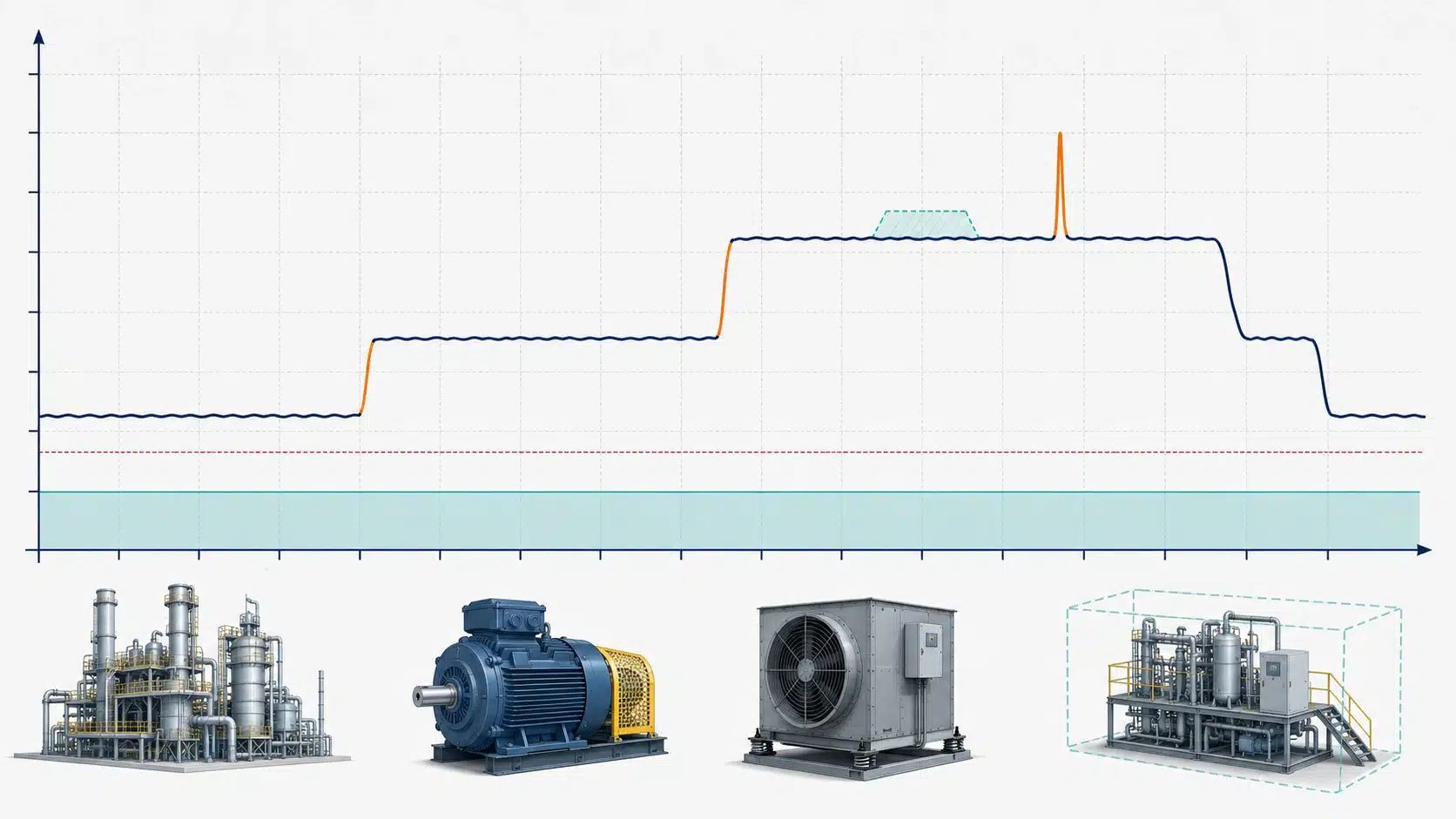 Daily load profile showing base load, peak demand, a motor-start spike and critical industrial load.